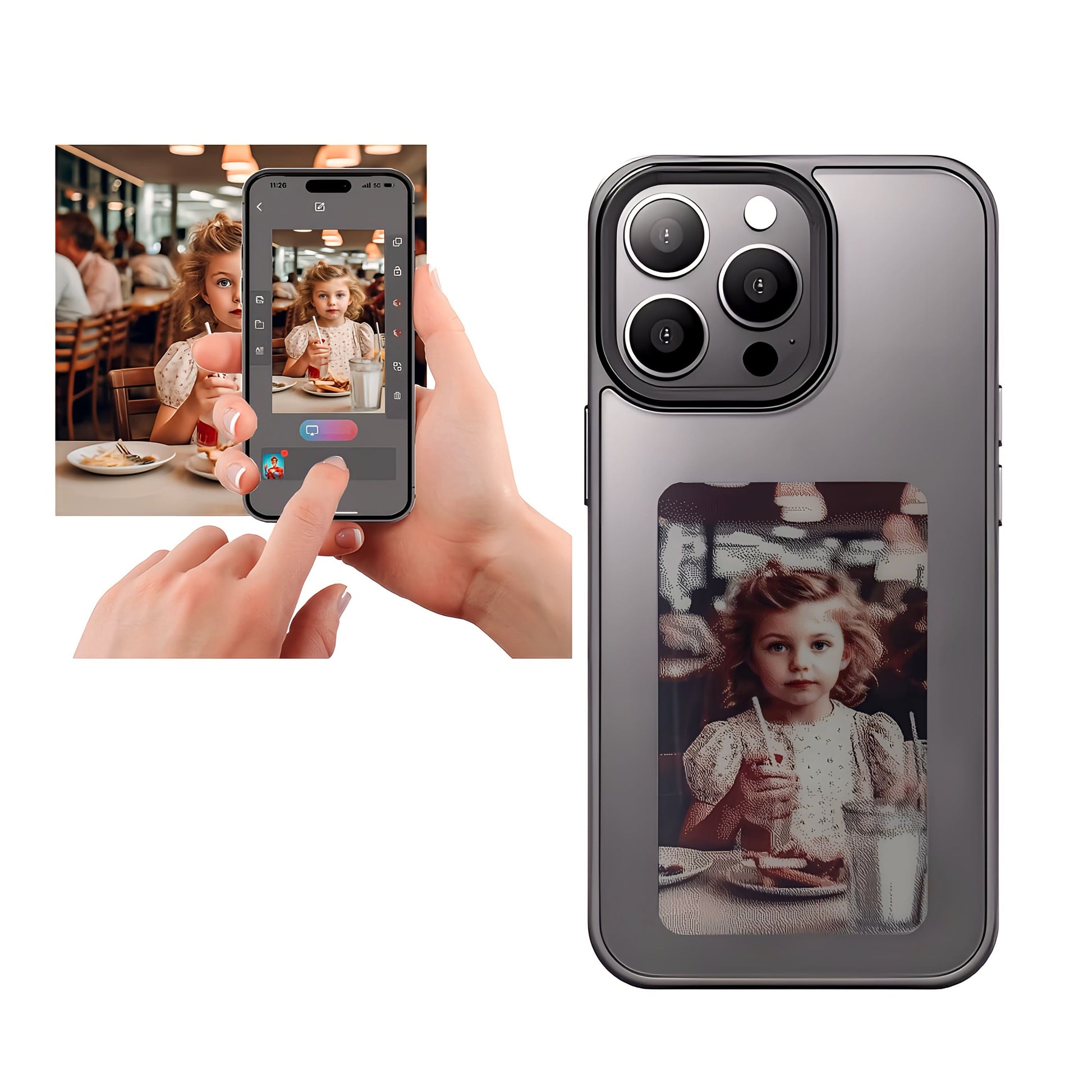 Drop-tested rugged iPhone 13 case with textured grip and E-Ink notification screen