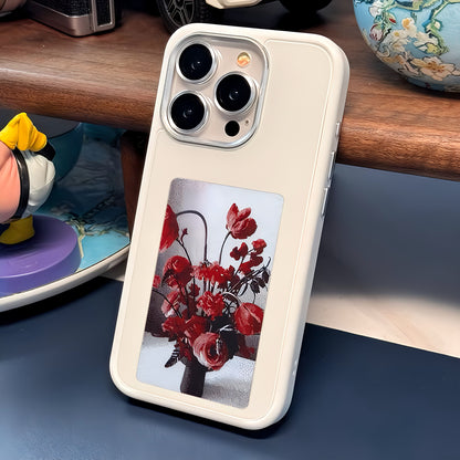 Clear shockproof iPhone 13 case with integrated E-Ink display for customizable back images
