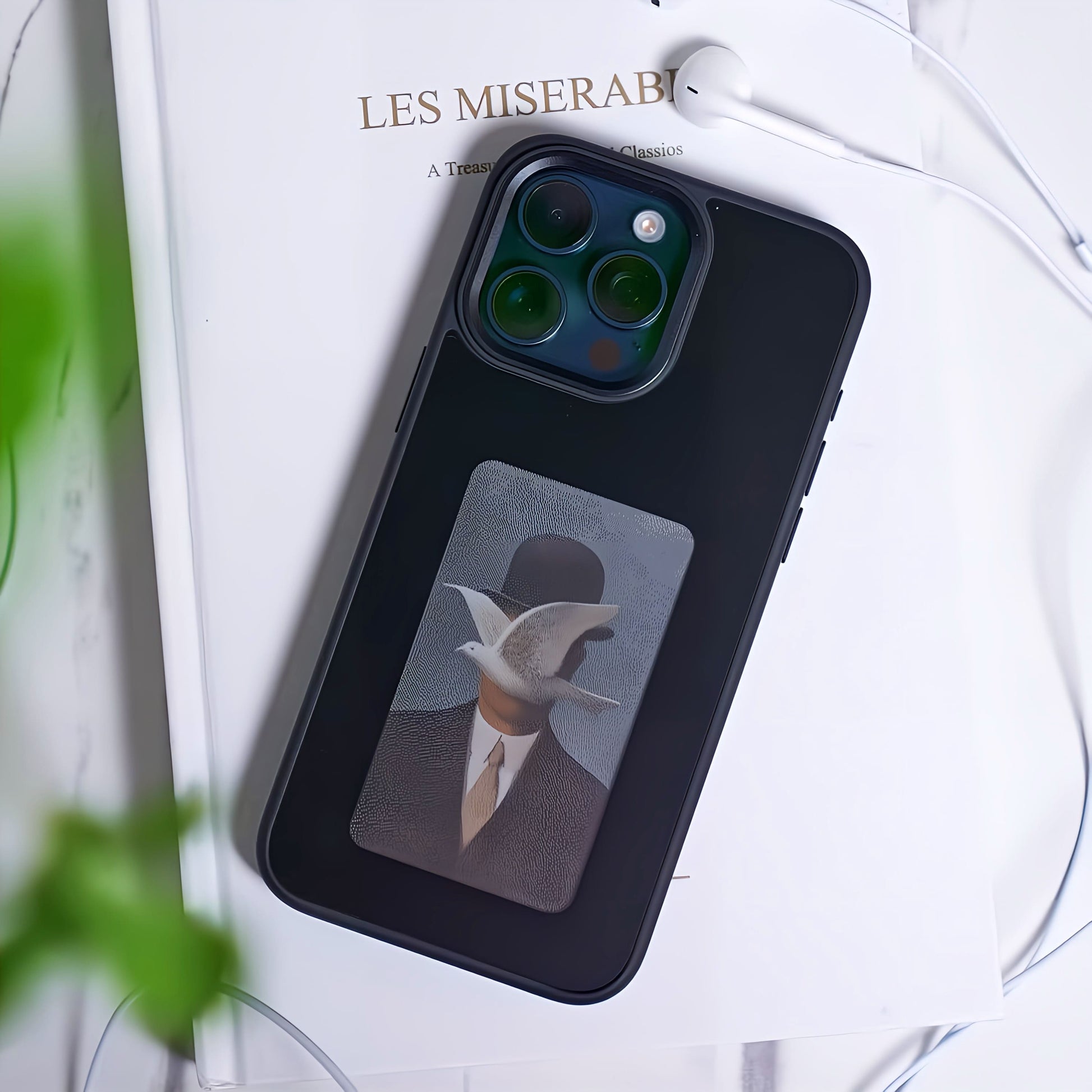 Leather wallet-style iPhone 13 case with card slots and hidden NFC E-Ink display inside